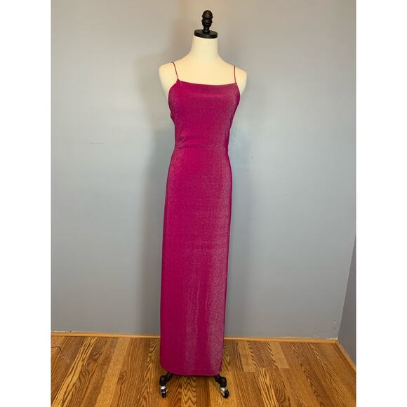Vtg 90s Y2K City Triangles Open Back Strappy Hot Pink Metallic Bodycon Dress Med - Picture 13 of 17